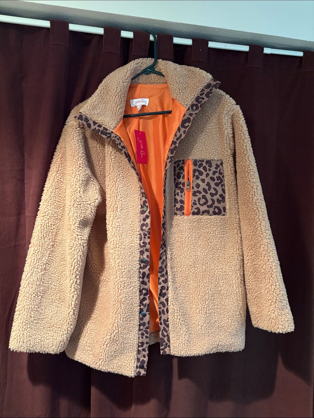 Sherpa Puffer Jacket with Leopard Trim in Tan and Orange